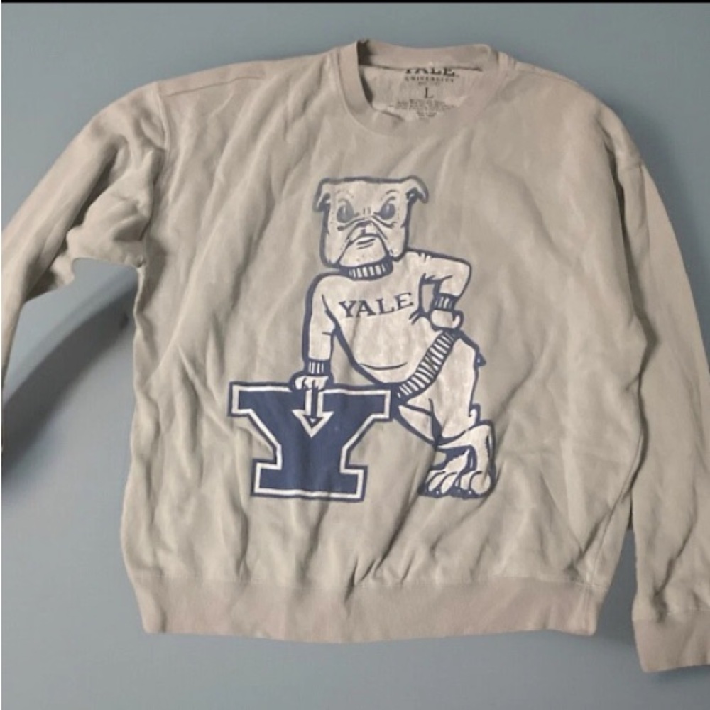 Yale University Sweatshirt Pullover Women Large Gray Navy Bulldog Logo Crew Neck